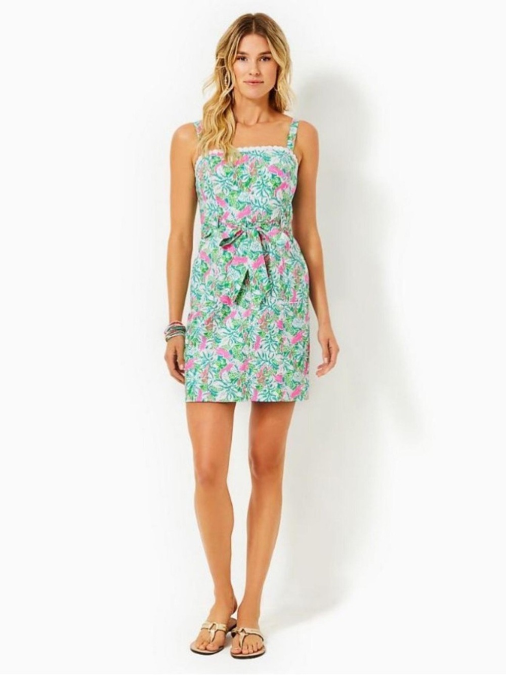Lilly Pulitzer Pink & Green Floral Tie-Waist Mini Dress